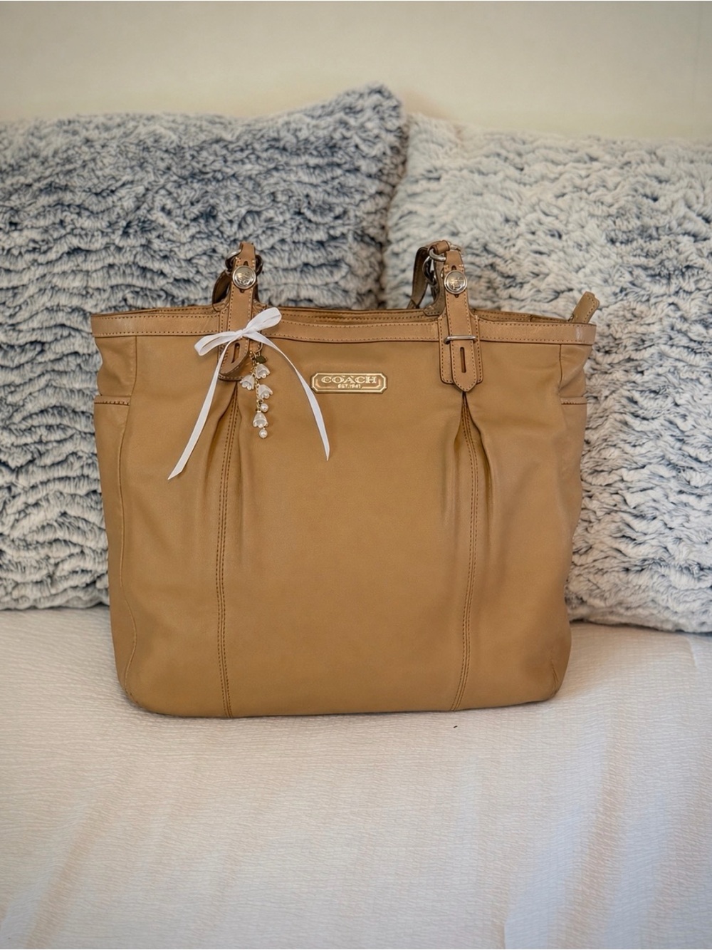 Coach Tan Leather Tote with Charm Accent